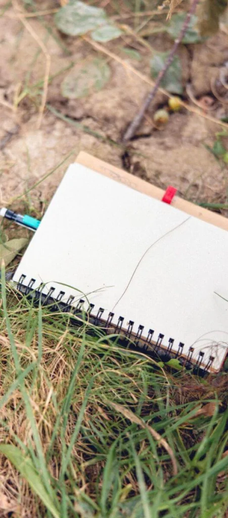 Focus sur un carnet de notes utilisé par un psychothérapeute durant les ateliers en ligne, qui est ouvert sur une page blanche et posé directement sur la terre.