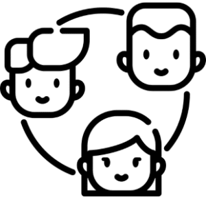 Icône de différents visages d’hommes et de femmes reliés par des lignes légèrement courbées formant un cercle.
