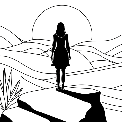 Illustration d’une femme en interaction avec un paysage de nature.