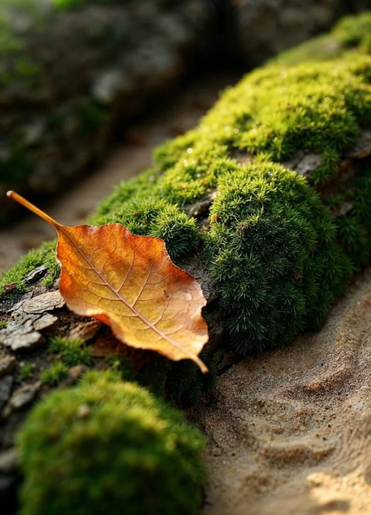 Une feuille morte s’est déposée sur une grosse racine d’arbre qui longe le sol.