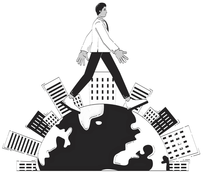 Illustration d’un humain qui marche seul et de façon machinale dans une ville entourée d’immeubles.