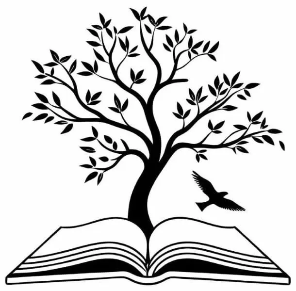 Illustration d’un livre ouvert posé horizontalement avec un oiseau qui vole au-dessus et un grand arbre en arrière-plan.