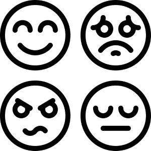 Icône avec quatre émojis ayant quatre émotions différentes : la tristesse, la colère, la joie et le dégoût.